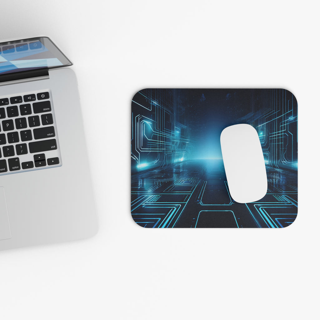 Futuristic Circuit Board Mouse Pad — Neon Blue Tech Gaming Desk Mat