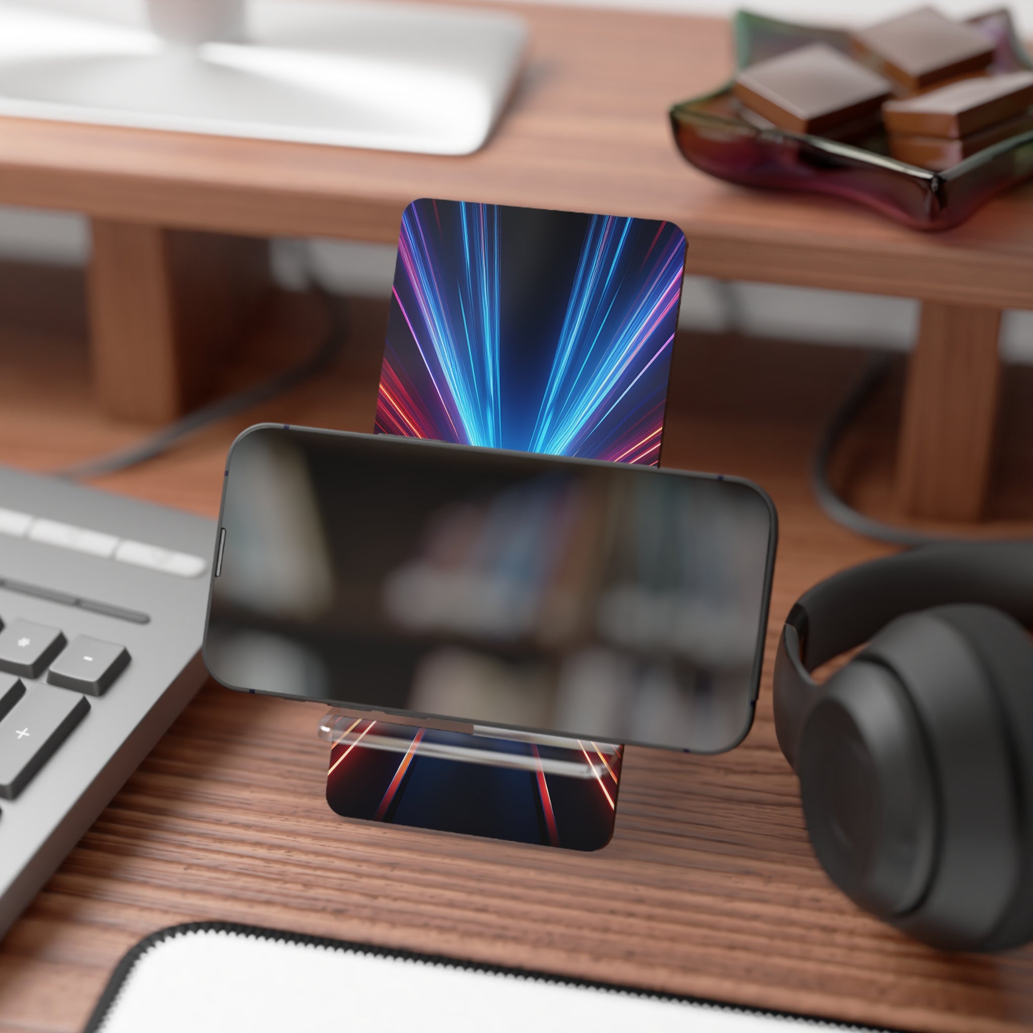 Acrylic Phone Stand with Neon Light Burst Design — Foldable Mobile Display Stand